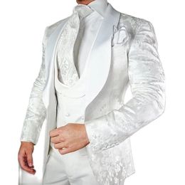 Men's Suits Blazers White Floral Wedding Tuxedo for Groom 3 piece Slim fit Men with Satin Shawl Lapel Custom Male Fashion Costume Jacket Vest 230426