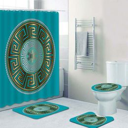 Curtains Stylish Turquoise Blue Gold Meander Greek Key Shower Curtain and Bath Rug Set Antique Mandala Abstract Bathroom Mats Home Decor