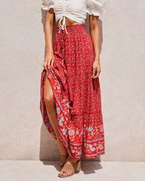 Skirts Happie Queens Women Red Floral Print Beach Bohemian Skirt High Elastic Waist Rayon Cotton Boho Maxi Femme 230427