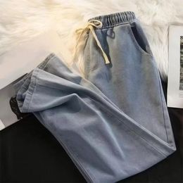 Men's Jeans Elastic Waist Drawstring Wide Leg Denim Pants For Men Trousers With Pockets Loose Fit A