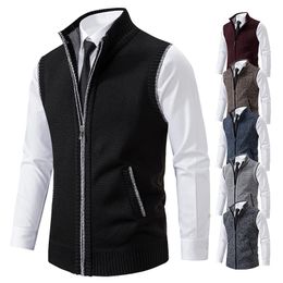 Mens Sweaters Vest Knitted Sleeveless Sweater Wool Velvet Zipper Cardigan Turndown Pullovers Turtleneck Sweatercoat Knit Waistcoat 231127