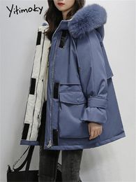 Parkas Yitimoky Puffer Parkas Winter Jacket for Women Coat 2022 Casual Fur Collar Hood Korean Fashion Oversized Thicken Warm Outerwear