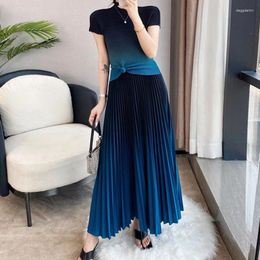 Work Dresses Pleated Set Summer Slim Fit Half High Neck Gradient T-shirt Waist Skirt Two Piece