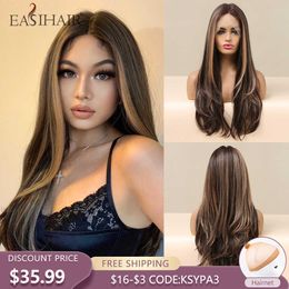 Synthetic Wigs Easihair Long Brown Lace Front Synthetic Natural Hair Wigs Blonde Highlight Frontal Wig for Women Cosplay High Density 230227