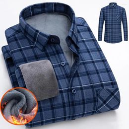 Men's Casual Shirts Men Autumn Winter Business Shirt Lapel Long Sleeve Single Breasted Formal Plaid Print Thick Fleece Lining Tops