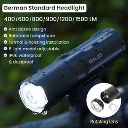 Bike Lights Giyo 400-1500LM Bicycle Front Lighting German Standard Headlamp Rotatable Lens USB Charge IP66 Waterproof Anti-Glare Bike Light P230427