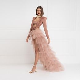 skirt Blush Pink Ruffled Tiered Long Maxi Skirts Women See Thru Tulle Over Wrap Skirts Custom Made Boho Detachable Train