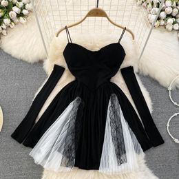 Casual Dresses 2023 Summer French Contrast Waist Wrap A-line Mesh Hanger Strap Fluffy Dress Long Sleeve Sleeves