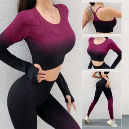 Yoga Outfit Ombre Yoga Set Seamless Suit Women Fitness Outfit Workout Long Sleeve Top Leggings Set Gym Clothing Sportswear Sports Suits P230504