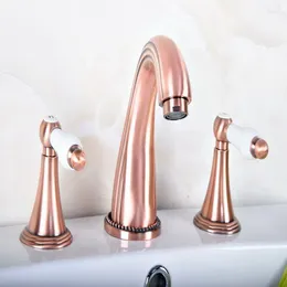 Bathroom Sink Faucets Antique Red Copper Brass Deck Mounted Widespread Basin Faucet 3 Holes Mixer Tap Dual Ceramic Handles Levers Arg077