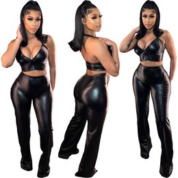 Womens Two Piece Set Sexy Black Pu Halter Crop Top and Slim Long Pant Suits 2 Pcs Outfits Summer Clothes Faux Leather Clubwear