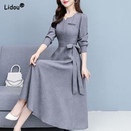 Casual Dresses V-neck Elegant Fashion Long Sleeve Button Elastic Waist Belt Dress Comfortable Simple Solid Color Autumn Women's Clothing 230427
