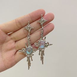 Ear Cuff Irregular Liquid Metal Cross Moonstone Dangle Earrings Young Girl Trend Metal Cross Moonstone Drops Earrings Jewelry Wholesale 230426