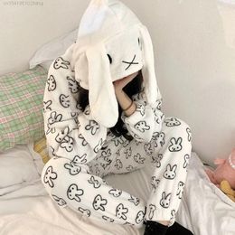 Women's Sleepwear Cute Anime Fleece Pyjamas Pjs Set For Women Winter Thickened Plush Hooded Cartoon Coral Velvet Home Wear