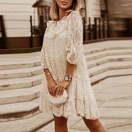 Casual Dresses Women Elegant Lace Embroidery Party Dress Fashion Long Sleeve Ruffle Midi Ladies White Evening Solid Sheer-Mesh Vestidos
