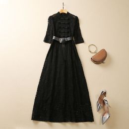 2023 Summer Black / Beige Belted Lace Dress 1/2 Half Sleeve Stand Collar Buttons Long Maxi Casual Dresses S3A240420