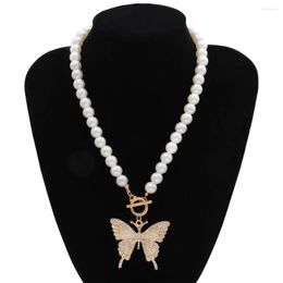 Pendant Necklaces Artificial Pearl Statement Big Butterfly Necklace Chain For Women Bling Tennis Crystal Choker Jewel