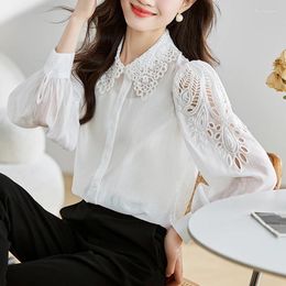Women's Blouses 2023 Autumn Fashion Embroidered Tops Hollow Out White Shirt Vintage Loose Long Sleeve Women Blouse
