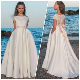 Girl Dresses White Satin Bow Belt Flower A-line Floor-length Short Sleeve Girls First Communion Party Prom