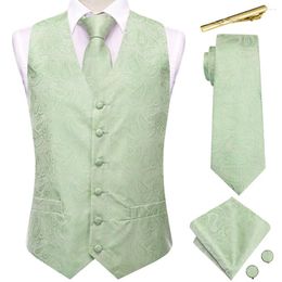 Men's Vests Hi-Tie Green Paisley Silk For Men V-Neck Jacquard Waistcoat Jacket Necktie Hanky Cufflinks Clips Wedding Business Designer