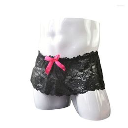 Underpants 2 In 1 Set Lace Transparent Large Swing Skirt With T Back Thongs For Sissy Sexy Underwear Solid Colour Men's Buttock Boxer