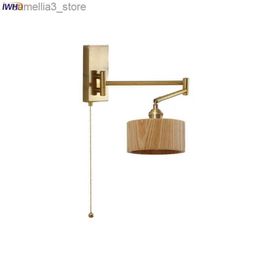 Wall Lamps IWHD Left Right Rotate LED Wall Lamp Sconce Pull Chain Switch Bedroom Bathroom Mirror Stair Light Wooden Lampshade Wandlamp Q231127