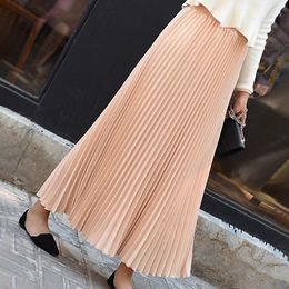 Skirts Solid Pleated Elastic Elegant Womens Midi Waist Skirt Pleated Skirt Gold Hinge Skirt 230427