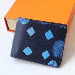 Men Designer wallets Top quality Short wallet Watercolour graffiti women purse Fashion blue Genuine Leather credit card holder mone244j