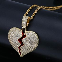 Pendant Necklaces Solid Design Hip Hop Rapper CZ Zircon Bling Iced Out Broken Heart Pendants Necklace Men Women FashionJewelry Gold ColorPen