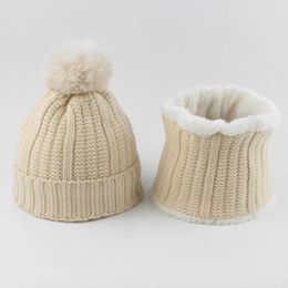 Berets 2Pcs Baby Hat Scarf Set Winter Warm Boys Girls Neck Collar Pompom Beanies For Kids Children Fleece Liner Knitted Hats