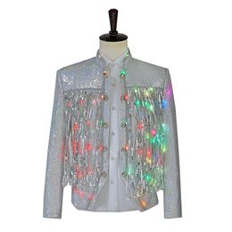 Men's Suits Blazers White LED Color Light Tassel Sequins Glitter Blazer Jacket Flower Embroidery Singer DJ Prom Stage Costume 230427