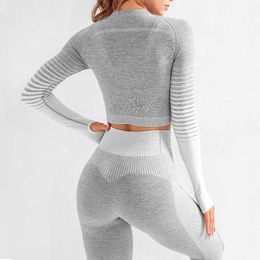 Yoga Outfit Seamless 2 Pcs Yoga Set Women Long Sleeve Top High Waisted Tummy Control Sport Leggings Gym Clothing Ombre Seamless Sport Suit P230504