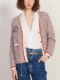 Cardigans IOO Houndstooth Contrast Trim Women Cardigan 2022 Fall Winter French Pairs Fashion Sweater