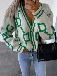 Women s Jackets 2023 Autumn Winter Knitted Cardigan Fashion Women Long Sleeve Loose V Neck Sweater Thick Warm Female Green Casual Print 231127