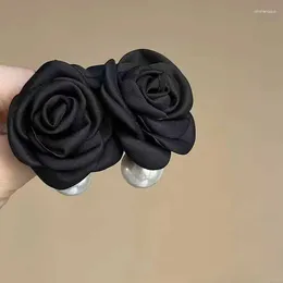 Stud Earrings French Black Satin Three-Dimensional Rose For Women Retro Design Exaggerated Flowers Pearl Party Jewellery