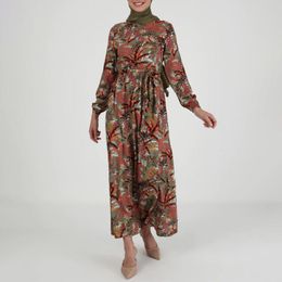 Ethnic Clothing Muslim Print Dresses Women 2023 Abaya Dubai Full Sleeve O-collar Swing Maxi Robe Self Belt Ramadan Pakistan ClothingEthnic