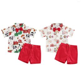 Kleidungssets 1-5 Jahre Kleinkind Kinder Jungen Arm/Zirkus Cartoon Animal Print Kurzarmhemden mit Fliege Einfarbige Shorts Set