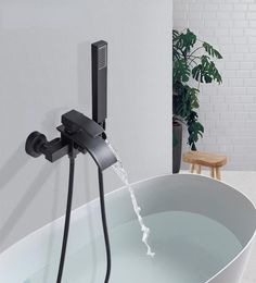 Matte Black Bathroom Tub Faucet Single Handle Waterfall Spout with Hand Shower Cold Water Mixer Tap Wall Mount Bath Faucet9148558