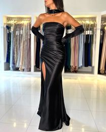 Prom Dresses Black Party Evening Gown Formal Mermaid Strapless Sleeveless Satin Pleat Zipper Lace Up New Custom Thigh-High Slits