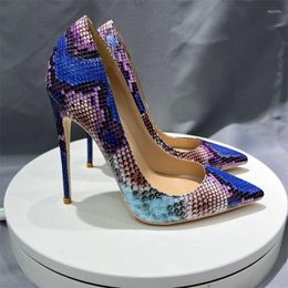 Dress Shoes Colour Graffiti Print Female Snakeskin Sexy Stiletto High Heel 10Cm Blue Ladies Party Pointed Toe Pumps Colour Plus Size 43