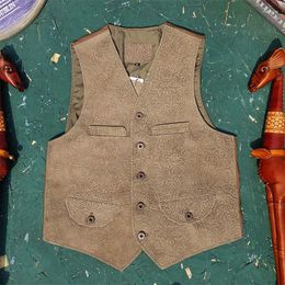 Men's Vests Mens Suede Cowhide Retro Floral Leather Vest Light Khaki Genuine Sleeveless Jacket Fashion Slim Fit Waistcoat Cloth Back