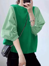 T-Shirt Women Patchwork Blouses ZANZEA 2022 Stylish Autumn Check Tops Casual Puff Sleeve Blusas Female O Neck Tunic Oversized Chemise