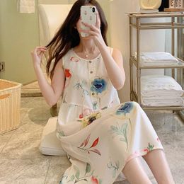 Women's Sleepwear Summer Tank Top Dress Nightgowns Thin Sleeveless Cotton Rayon Homewear Sleepshirt Loose Printing Student Nightdress