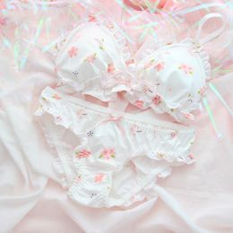 Bras Sets Pink Sakura Cute Japanese Bra Panties Set Wirefree Soft Underwear Sleep Intimates Set Kawaii Lolita bra and panty set 230427