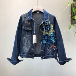 Women's Jackets 2023 Autumn Women's Denim Jacket Coat Women Blue Jean Female Beaded Sequin Flowers Girl Short Outerwear P209