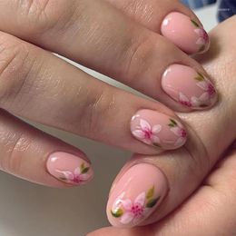 False Nails 24pcs Short Almond Flower Pattern Oval Fake Press On Full Cover Wearable Manicure Acrylic Nail Tips