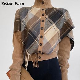 Cardigans Sister Fara 2022 Spring Autumn New Plaid Cardigan Top Shawl Fake TwoPiece Women's Knitted Sweater Coat Turtleneck Sweater Suit