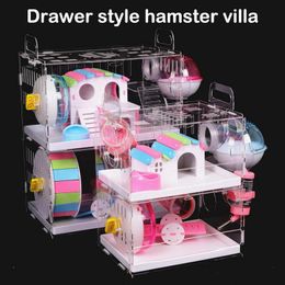 Cages Drawer Type Acrylic Hamster Cage Small Pet House Transparent Oversized Villa Guinea Pig Basic Cage Toy Nest With The Pipe