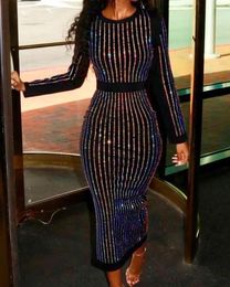 Urban Sexy Dresses 2023 Sequin Round Neck Women's Dress Striped Solid Spliced Party Tight High Waist Casual Sexy Hip Wrap Long Coat 231127