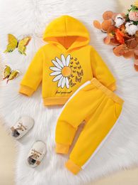 Set di abbigliamento Set invernali da 2 pezzi per neonate Stampa di fiori Top a maniche lunghe con cappuccio e pantaloni lunghi Abiti da neonato